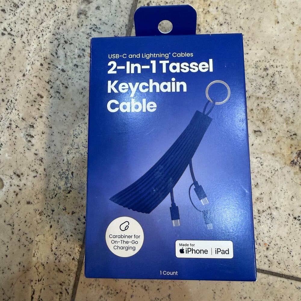 2-in-1 Blue Tassel Keychain Charger Cable (USB-C & Lightning) NEW